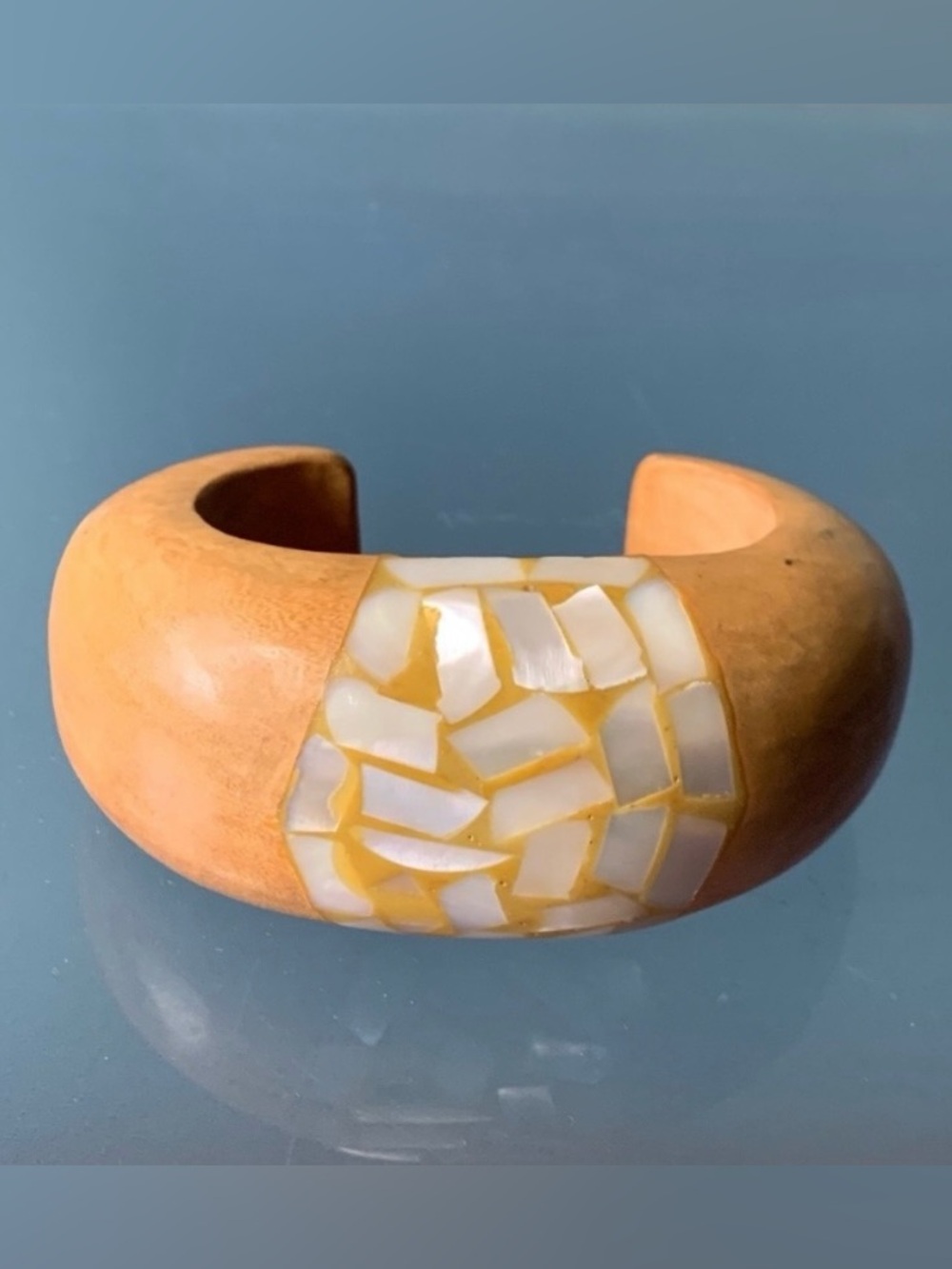 Rare Vintage Ugo Correani Wood and Mother-of-Pearl Mosaic Cuff Bracelet